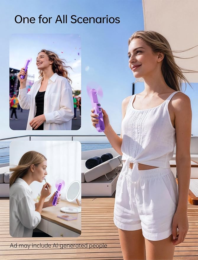 JISULIFE Portable Handheld Fan, 3 In 1-Fan, Power Bank, Flashlight, Purple | Mini Cooling Essential for Outdoor, Small, On-the-Go Pocket Hand Design, 24 Hours, Auto Shut-Off Safety Soft Blade - Image 7