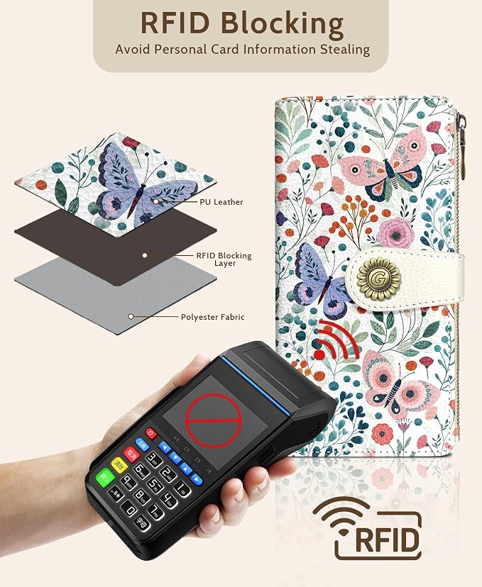 GIANCOMICS Butterfly Womens Wallet RFID Blocking, Credit Card Holder Bifold | Billfold, Cute Cash Purse, Travel Zipper Coin Pocket, Compact Clutch, PU Leather, ID Window, 11 Card Slots, Ladies Gift Woman - Image 4