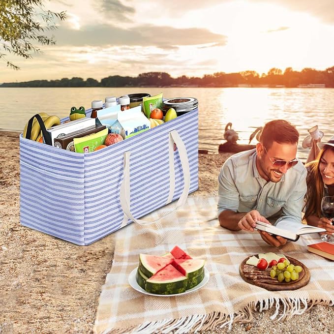 LHZK Standing Extra Large Utility Tote Bag with Metal Wire Frame and the Sides Rinforced, Extra Large Tote Bag with Handle, Reusable Grocery Bags Foldable, Beach Bag, Car Tote (Blue, 26''x15''x13'') - Image 2