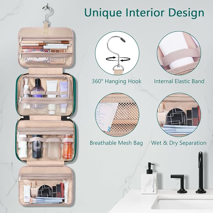 Toiletry Bag for Women, Hanging Travel Toiletry Bag with Jewelry Organizer Compartment Large Makeup Bag, PVC Waterproof Cosmetic Travel Bag Trips Camping Bathroom, Green+Brown - Image 5