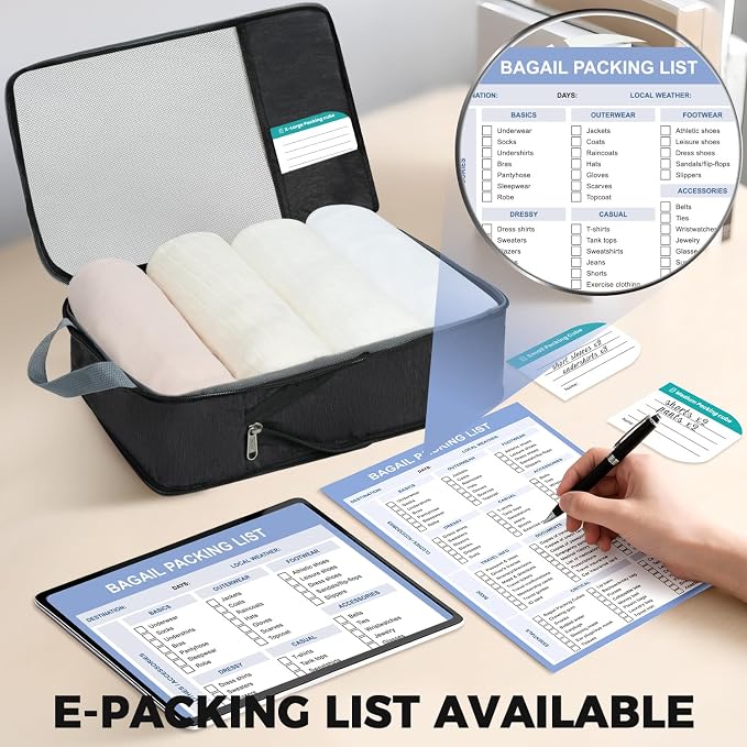 BAGAIL Lightweight Compression Packing Cubes for Travel, 6 Set, Black | Salis Nylon Fabric,Anti-Tearing,Save Space,SBS Zippers,Packing List,PVC Tag Pocket,Custom Labels,Visible Mesh,Portable Handel - Image 2