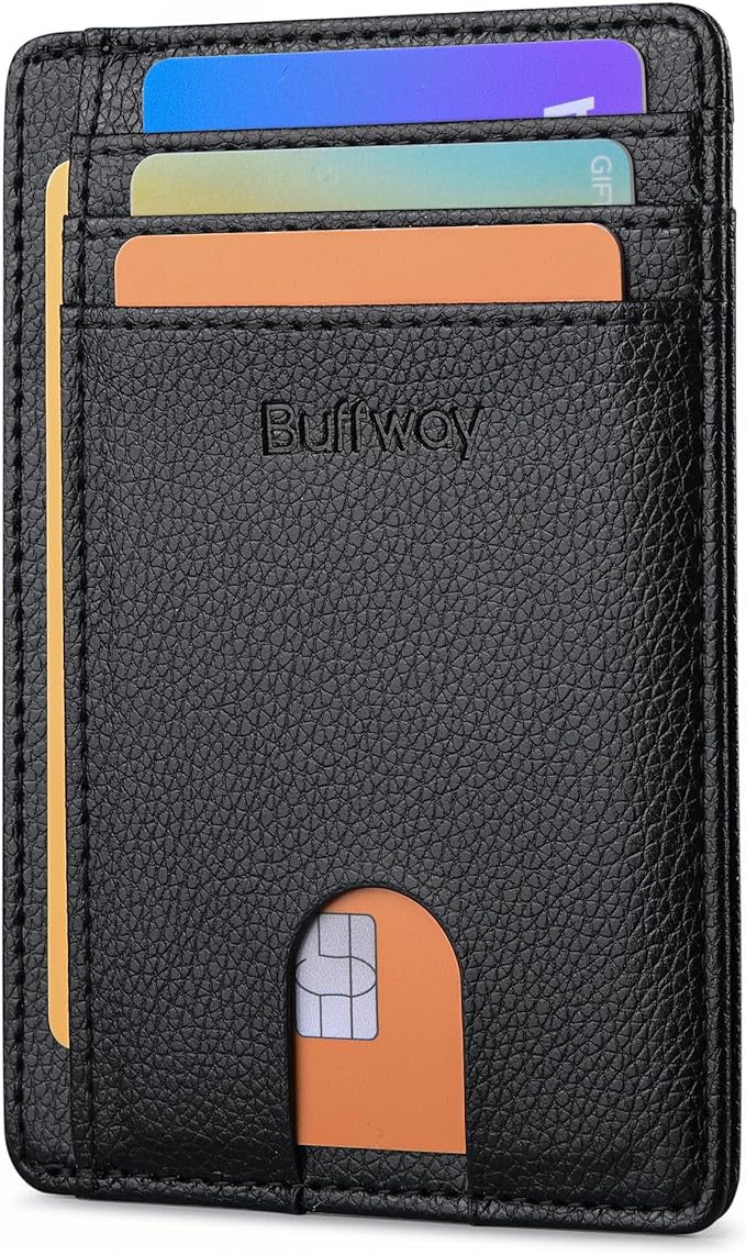 Buffway Slim Minimalist Front Pocket RFID Blocking Leather Wallets for Men and Women - Lichee Black by Buffway