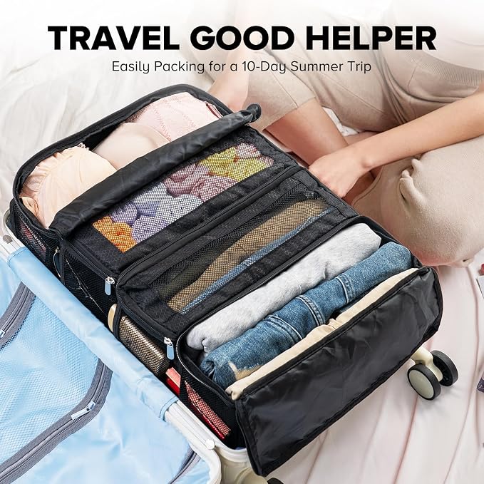 Vokelater Suitcase Organizer - Travel Luggage Organizer with Hanging Shelves & Packing Cubes - Collapsible, Portable, Carry-on, Medium, Black - Image 5