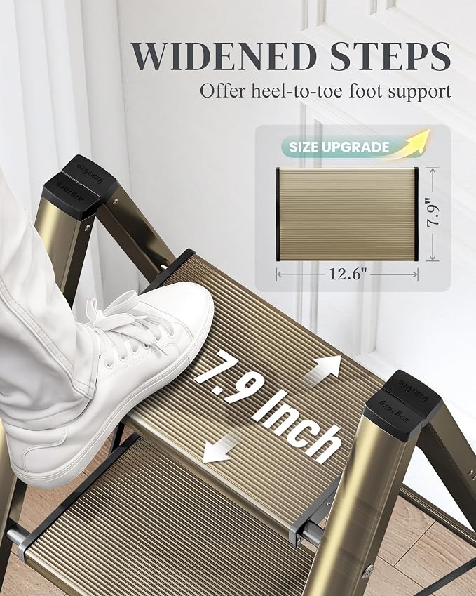 4 Step Ladder, Foldable Aluminum Step Stool with Anti-Slip Pedal | Lightweight yet Sturdy, Portable, Non Slip Feet, 300Lbs Capacity, Elegant Look, for Kitchen, Closet, Pantry, Champagne Gold - Image 4