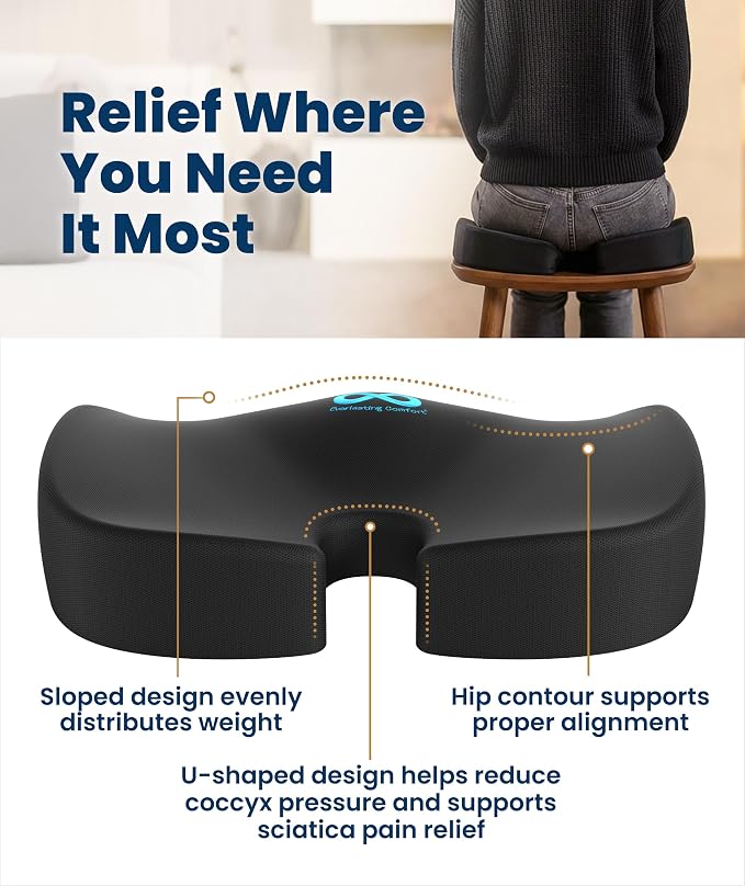 Everlasting Comfort Doctor Recommended Memory Foam Seat Cushion for Office Chairs & Car - Ergonomic Office Desk Accessories - Cushions for Tailbone Pain Relief, Sciatica (Black, Large) - Image 3