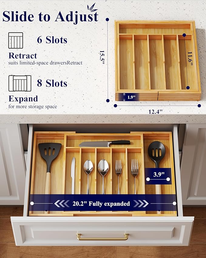 Kitsure Silverware Organizer, Bamboo Kitchen Drawer Tray, Natural, X-Large | Expandable Drawer Kitchen Organizer, Cooking Utensils & Cutlery, Sturdy & Thickened Design, Storage Solution - Image 2