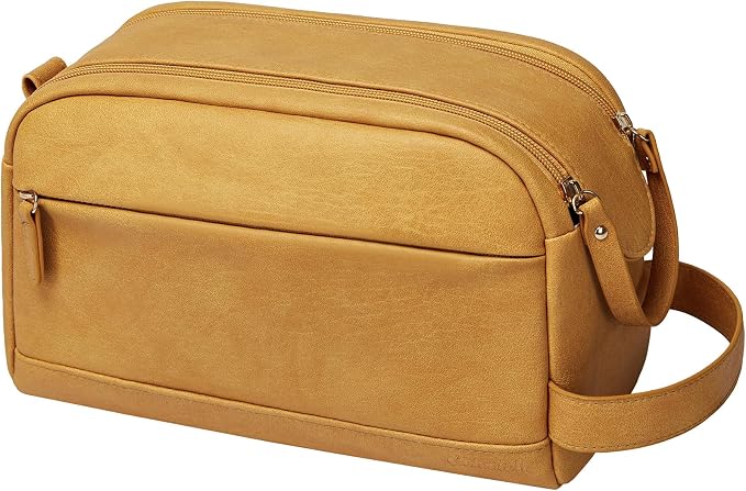 PU Leather Toiletry Bag for Men - Water Resistant Travel Bag for Toiletries, Bathroom Essentials, Accessories - Yellow by Celvetch