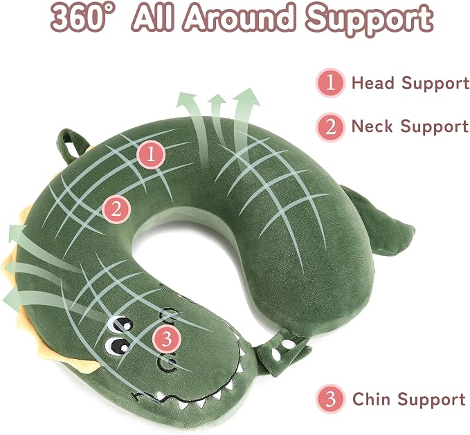 Memory Foam Travel Neck Pillow for Teens and Adults, Crocodile Design | Removable cover, machine washable, 360-degree head & chin support, 17 in neck size for teens and adults, car & airplane use - Image 4