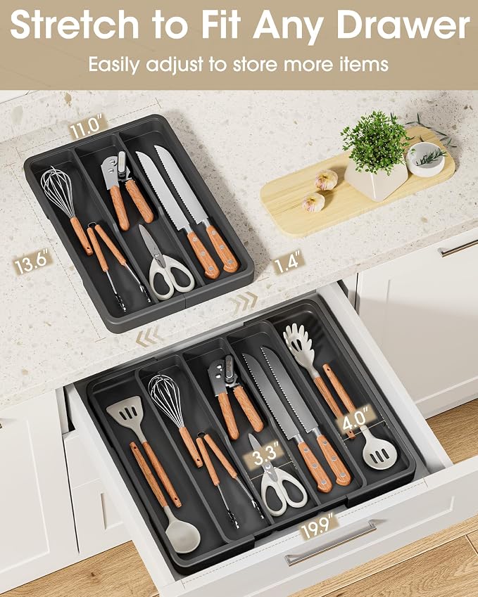 Aujen Silverware Drawer Organizer, Adjustable Utensil Cutlery Tray | Expandable Kitchen Organizer for Forks Knives, Multipurpose Kitchen Storage, Apartment Essentials, Black, X-Large - Image 4