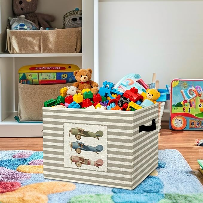 Vintage Airplane Storage Bins Boxes Handles | grey striped nursery foldable basket for organizing bedroom toddler playroom - Image 2