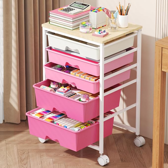 Goovilla Rolling Cart with 5 Drawers for Craft, Art, Dorm, Office, Pink | Utility Cart Organizer With 5 Removable Drawers and Wooden Tabletop, Lockable Rolling Storage Organizer for Classroom, Home by Goovilla