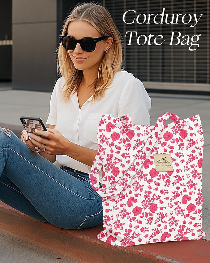 Miss Adola Corduroy Tote Bag for Women with Aesthetic Design | Magnetic Buckle & Pocket, Reusable, Soft, Roomy, Long Shoulder Handles, Double-sided Print, Casual Daily Work, Grocery Bags - Image 6