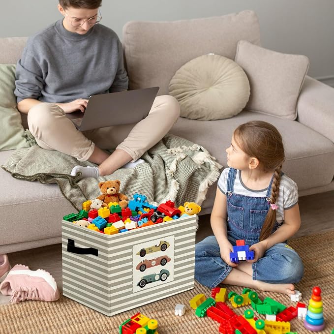 Vintage Race Cars Storage Bins Boxes Handles | grey striped nursery foldable basket for organizing bedroom toddler playroom - Image 4