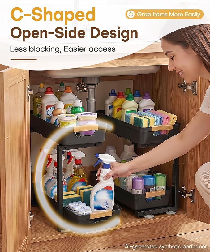 Homde Sliding Under Sink Organizer: 2-Pack Pull-Out Rack for Kitchen | 4 Easy-Access Baskets for Cluttered Cabinets - Busy Families Find Everything Instantly - Full-Extension Glide Design - Image 6