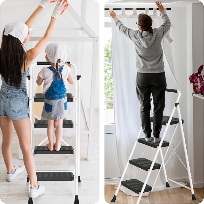 Arbusb Step Ladder, Folding Step Stool with Wide Anti-Slip Pedals, Sturdy Steel Ladder with Handrail, Space-Saving, Portable for Home & Adults, 4 Step White - Image 8