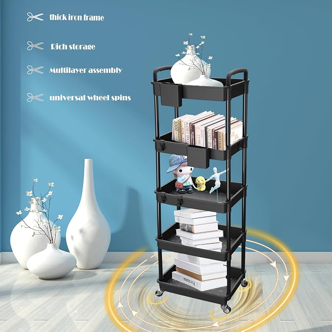 5 Tier Rolling Utility Cart with Handle,REBECAT Utility Cart Made of Multifunctional Storage Organizer Tool for Kitchen,Bathroom,Living Room,Office(Black) - Image 3