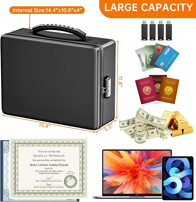 ENGPOW Fireproof Document Box with Lock & Heat-Resistant Fireproof Zipper | 6400°F 12-Layer Fire Protection,Hard Case File Organizer with Multi-Pocket,Portable Home Safe Storage for Money,Jewelry - Image 4