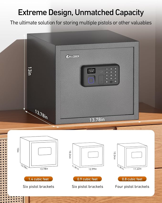 BILLCONCH Biometric Gun Safe for 6 Pistols, Large Handgun Safe for Home | 1.4 Cu Ft Safe for Documents and Valuables Quick Access by Fingerprint,Keypad,App,Key. Voice Guide, Silent Mode, LCD Display - Image 6