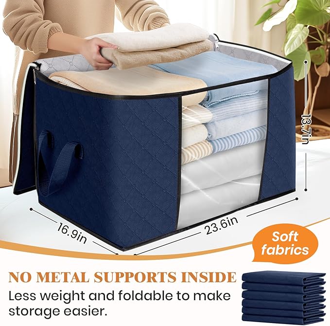 90L Clothes Storage, Foldable Thick Fabric Blanket Storage Bags | Foldable Containers with Zippers,Window and Handles for Organizing Bedroom, Closet, Comforter, Bedding,Dorm essentials - Image 2