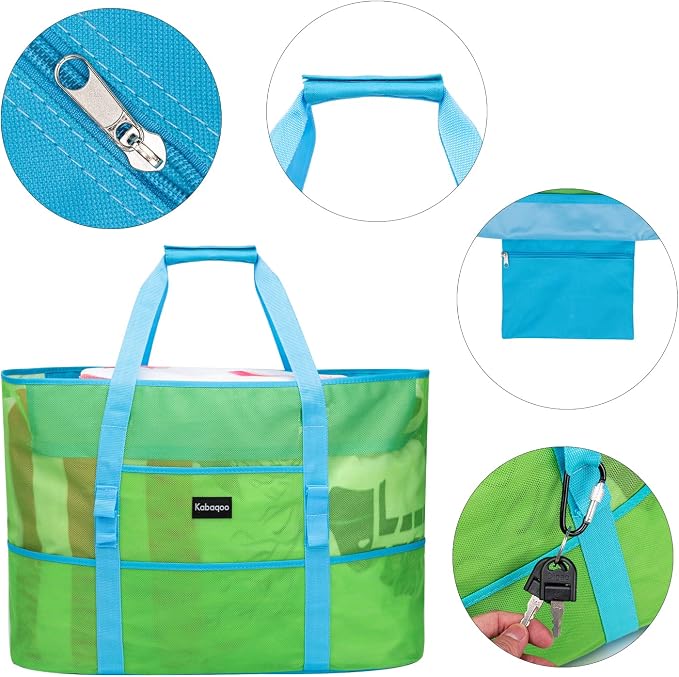 KABAQOO Mesh Beach Bag, Extra Large Beach Bags with 9 Pockets & Zipper Waterproof Lightweight Beach Tote for Beach/Pool Trip - Image 4