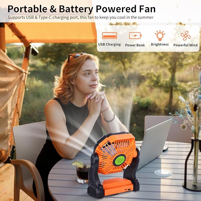 20000mAh Portable Fan Rechargeable Battery Powered Fan Camping Essentials | TDLOL Cordless Rechargeable Battery Operated Camping Fan with Light & Hook,USB Personal Fans Outdoor Beach Tent Travel Desk - Image 2