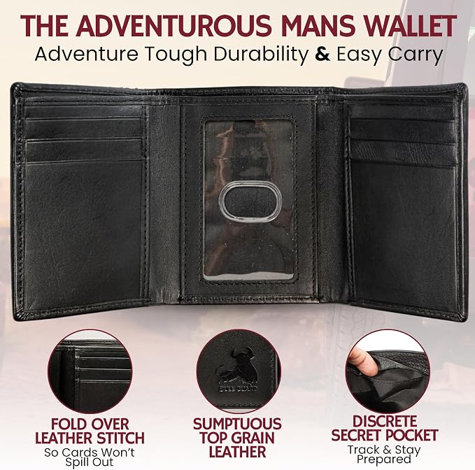 BULL GUARD Genuine Nappa Leather Trifold Wallet For Men RFID And ID Window, Double Cash Compartment with Secret Pocket, Soft Premium Top Grain Leather Black, Stylish & Secure Everyday Carry, Gift Box - Image 2