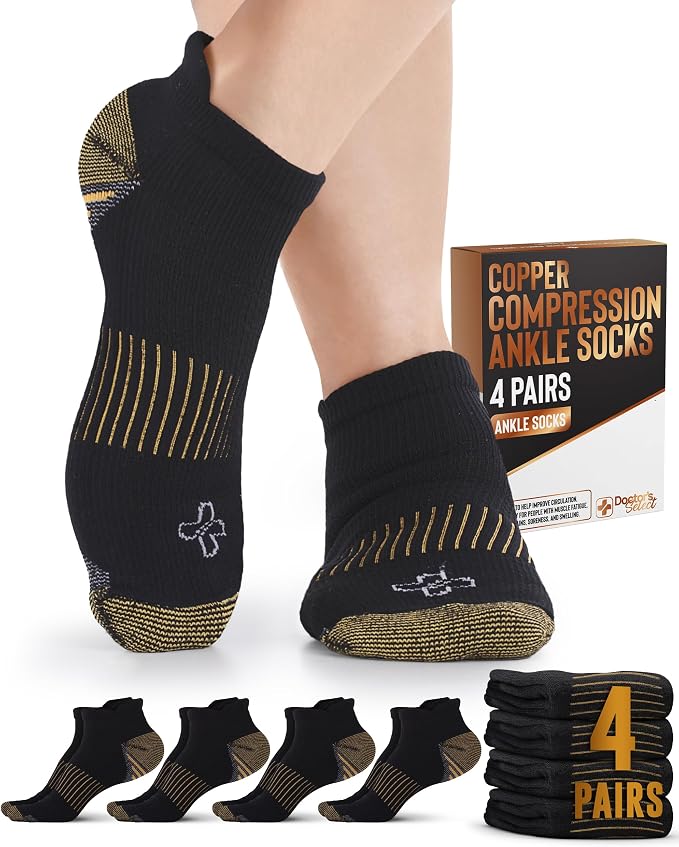 Doctor's Select Copper Ankle Compression Socks for Women and Men - 4 Pairs | Athletic Running Plantar Fasciitis Socks by DoctorsSelect
