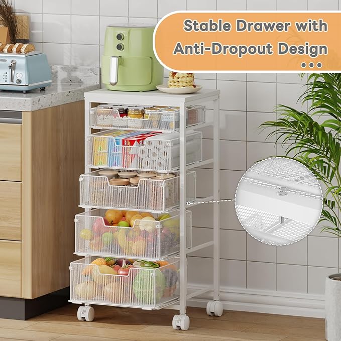 Kitchen Storage Cart with Wheels, 5-Tier Fruit Vegetable Storage Cart, Kitchen Organizer and Storage Cart with Drawers, Wooden Top Metal Wire Pantry Storage Cart for Fruit Snack Onion Potato, White - Image 2