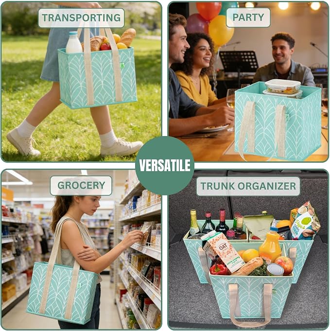 VENO 3 Pack Heavy Duty Reusable Grocery Shopping Bags Utility Tote | Water Resistant, Storage Box with Sturdy Handles & Hard Bottom, Foldable for Groceries Shopping Cart(Evergreen, 6 Gallon) - Image 6