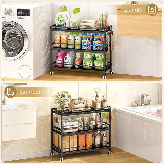 3-Tier Expandable Rolling Pantry Organizers and Storage Cart with Wheels, Adjustable Pantry Floor Organizer, Snack Cart for Pantry, Kitchen Storage Cart with 4 Hooks for Snack, Food, Vegetables, Black - Image 6