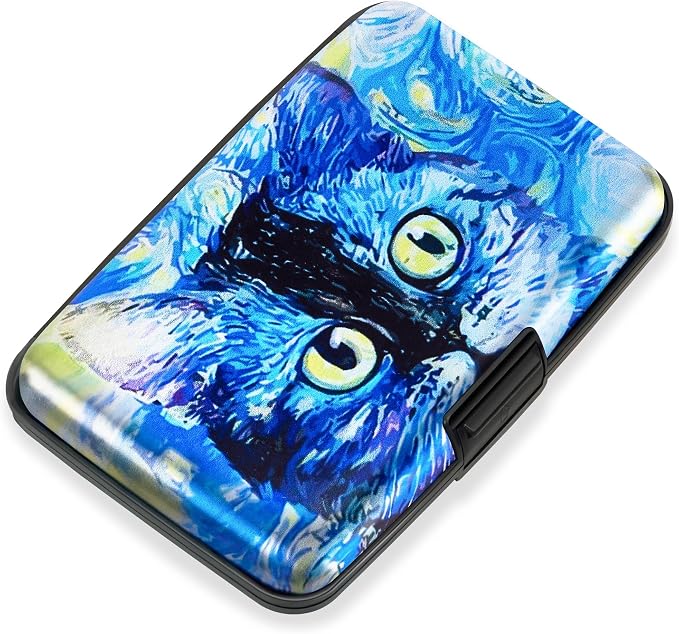Mayski Credit Card Holder for Women RFID Blocking Wallet, Blue Cat | Card Wallets for Women Small Mini Business Metal Accordion Aluminum Alloy Hard Case for Men by SLIMELEGANCEPERSONIFIED