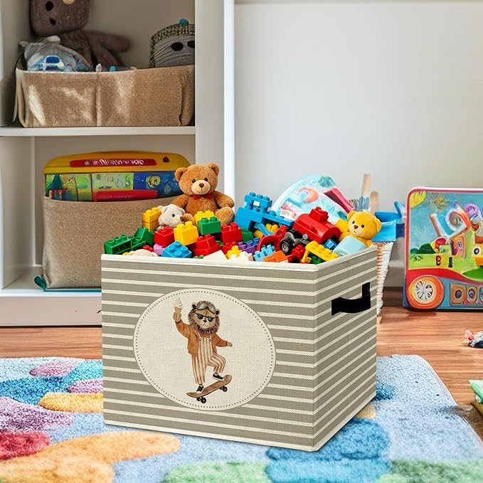 Rustic Lion Skateboarding Storage Bins Boxes with Handles | toys books clothes, grey striped nursery foldable basket for organizing bedroom toddler room playroom - Image 2