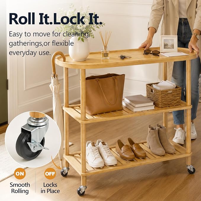 3-Tier Rolling Entryway Table, Bamboo Console Table with Anti-Fall Edge & Wheels, Oval Narrow Hallway Table for Entryway, Living Room, 30.6” Slim Sofa Side Table, Shoe Rack Shelf or Plant Stand - Image 4