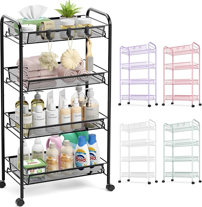 TOOLF 4-Tier Rolling Cart, Metal Utility Cart with 3 Hooks, Easy Assemble Mobile Storage Trolley On Wheels, Metal Shelving Units Kitchen Bathroom Laundry Room by TOOLF