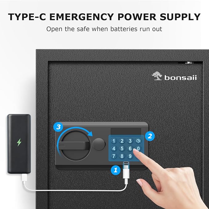 Bonsaii 1.2 Cu. Ft. Security Safe Box, Keypad Lock, Spare Keys & USB Port | Heavy-duty SPHC steel ensures high security for cash, jewelry, and documents. Features passcode, keys, USB Type-C - Image 4