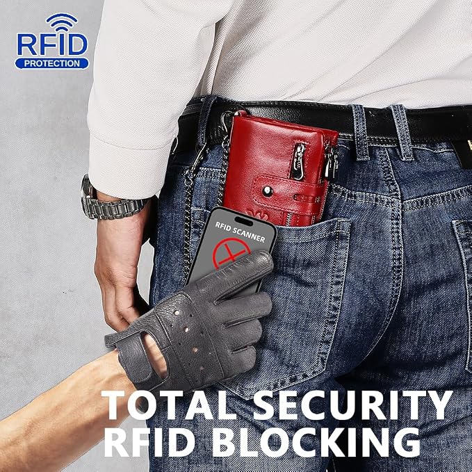 Anti-Theft Mens Wallet with Chain Genuine Leather ID Window Purse with RFID Blocking Bifold Double Zipper Coin Pocket with Gift Box - Image 2