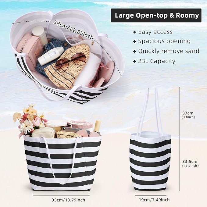 KALIDI Beach Tote Bag Women Large Waterproof Sandproof Shoulder Handbags | Foldable Grocery Bag Striped Pool Bag Lightweight Travel Purse for Picnic Travel Vacation Casual Errands Everyday Daily - Image 4