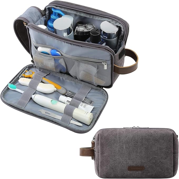 BAGSMART Toiletry Bag for Men, Canvas Travel Toiletry Organizer Dopp Kit Water-resistant Shaving Bag for Toiletries Accessories,Grey-Medium by BAGSMART