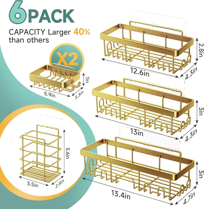Veken Adhesive Shower Caddy 6-Pack,Gifts for Women Mom,Heavy Weight Bearing,Large Wall Mounted Bathroom Shelves Rack,Organizer Storage Accessories with Soap Dish&Toothbrush Holder,Bright Gold - Image 5