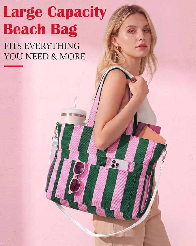 Kacctyen Striped Beach Tote Bag for Women Large Beach Foldable Tote Bag with Zipper Pockets for Travel Pool - Image 4