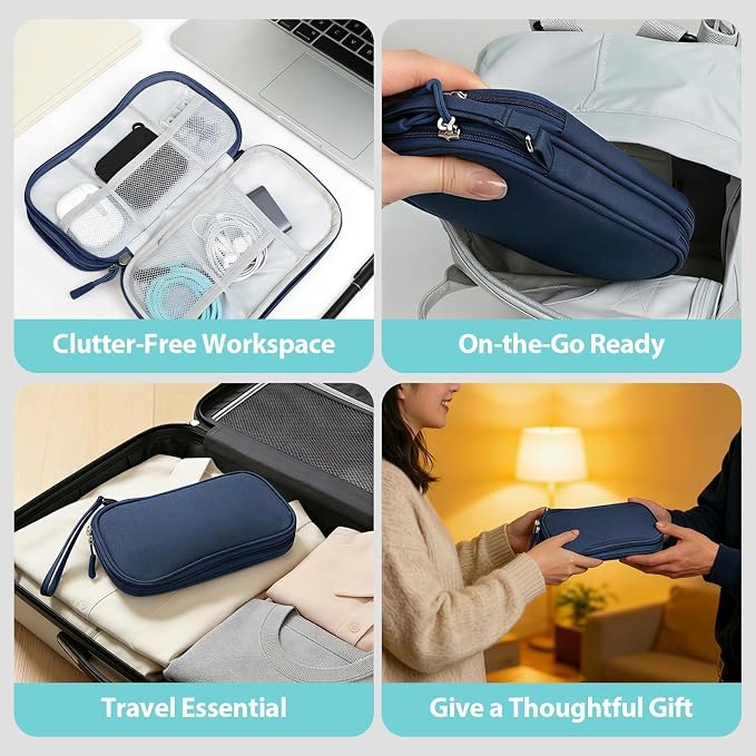 Double Layer Electronics Organizer Bag, Navy Blue | Water-resistant Oxford pouch with padded lining & 8 compartments. Compact 8.27x4.92in size. Includes 8 cable ties. - Image 6