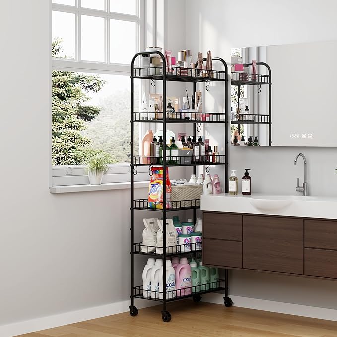 6 Tier Slim Storage Cart with Wheels, Metal Mobile Shelving Unit Organizer Utility Cart for Office Bathroom Kitchen Laundry Room Narrow Places (10inches) - Image 3