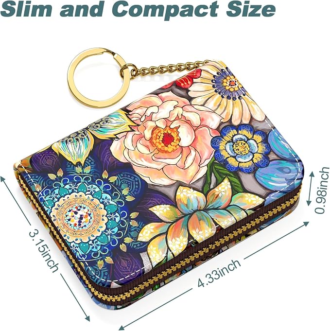 Nipichsha Women's RFID Blocking Small Leather Wallet, Mandala Flower, Slim and Compact Size, 12-Accordion Slots, Protects Privacy | Leather Card Holder Wallet, Credit Card Wallet Organizer, Business Card Case with Zipper & Keychain, 12-Slot Compartment - Image 5