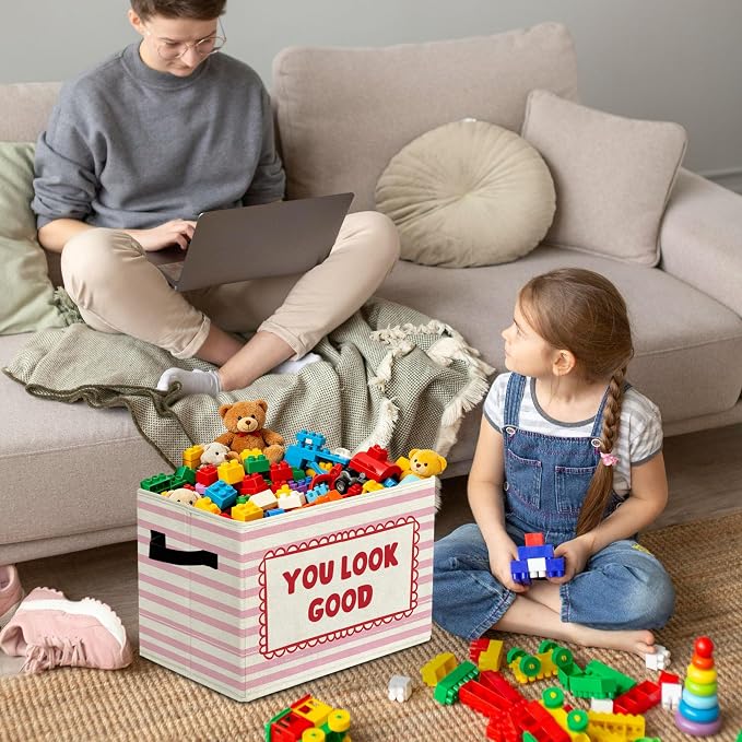 Positive Affirmation Nursery Storage Bins Box with Handles Organizer Basket | encouraging heartfelt foldable basket for organizing, stripe collapsible toy clothes for playroom classroom bedroom, 10x14 in - Image 4