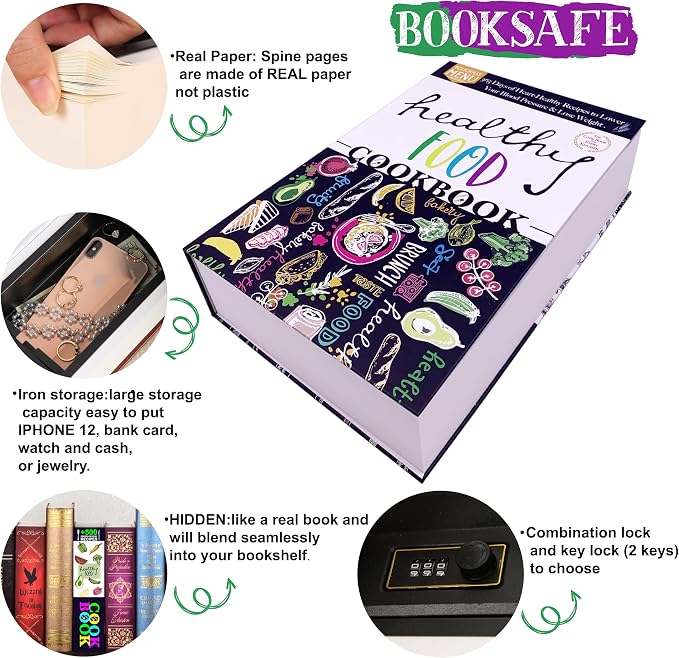 Cookbook Book Safe with Real Paper Pages - Healthy Food Theme Kitchen Diversion Safe with Key Lock & 2 Keys - 9.3"x6.1"x2.3" Hidden Storage Compartment Metal Security Box (Health Food-Key) - Image 4