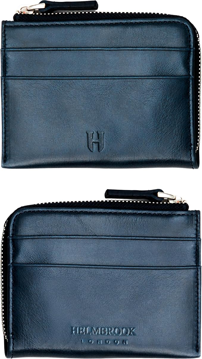 RFID Blocking Zipper Wallet, Slim Business Card Holder, Men & Women, Handcrafted Full-Grain Leather, Gift Box & Pouch, Christmas & Birthday, Navy Blue by HelmbrookLondon