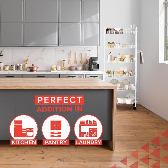 Slim Rolling Pantry Cart 6 Tier Shelf, Space-Saving Kitchen & Spice Rack on Wheels, 10 Inch Deep - White Metal - Image 3