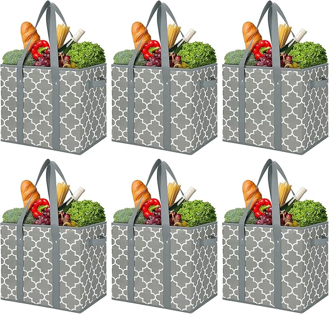 Reusable Grocery Bags 6-Pack Foldable Washable Large Storage Basket, Grey | Water Resistant Shopping Tote Bag Bins by WiseLife