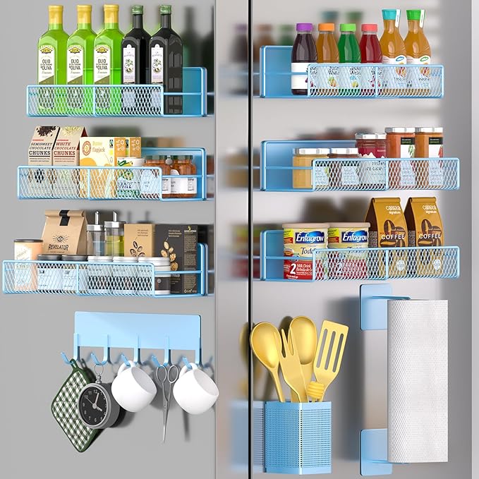 Magnetic Spice Rack for Refrigerator, 10 Pack Metal Magnetic Shelf, Moveable Spice Organizer with Hook Rack, Paper Towel Holder, Kitchenware Holder, Strong Magnetic Storage Fridge Organizer Blue by DTUQYX