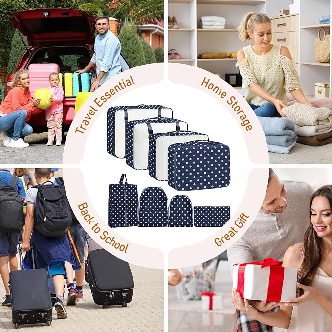 Packing Cubes for Travel - 8 Set Luggage Organizer Bags for Family, Mesh Breathable Packing Cubes for Suitcases Durable Travel Essentials Bags Set (Polka Dots) - Image 7
